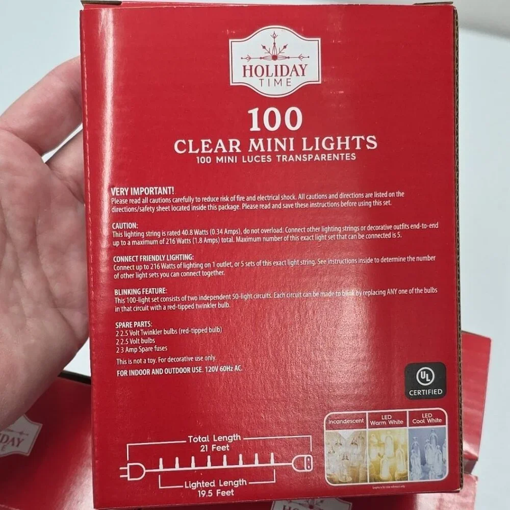 Holiday Time 100 Clear Mini Lights In/Outdoor 21 Ft Green Cord Wedding Party NIB